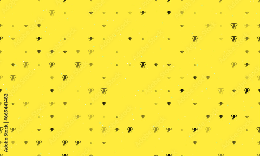 Poster seamless background pattern of evenly spaced black elephant heads of different sizes and opacity. ve