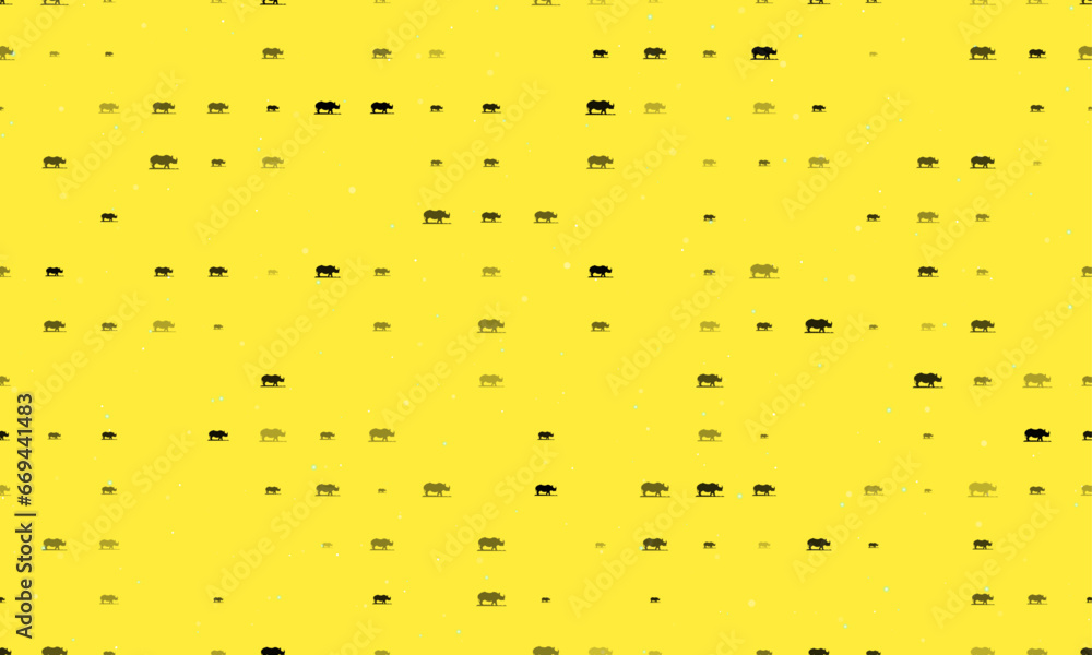 Poster seamless background pattern of evenly spaced black wild rhino symbols of different sizes and opacity