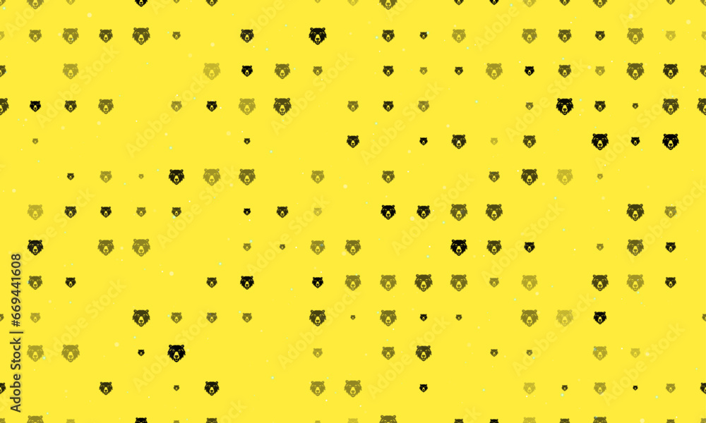 Poster seamless background pattern of evenly spaced black bear head symbols of different sizes and opacity.
