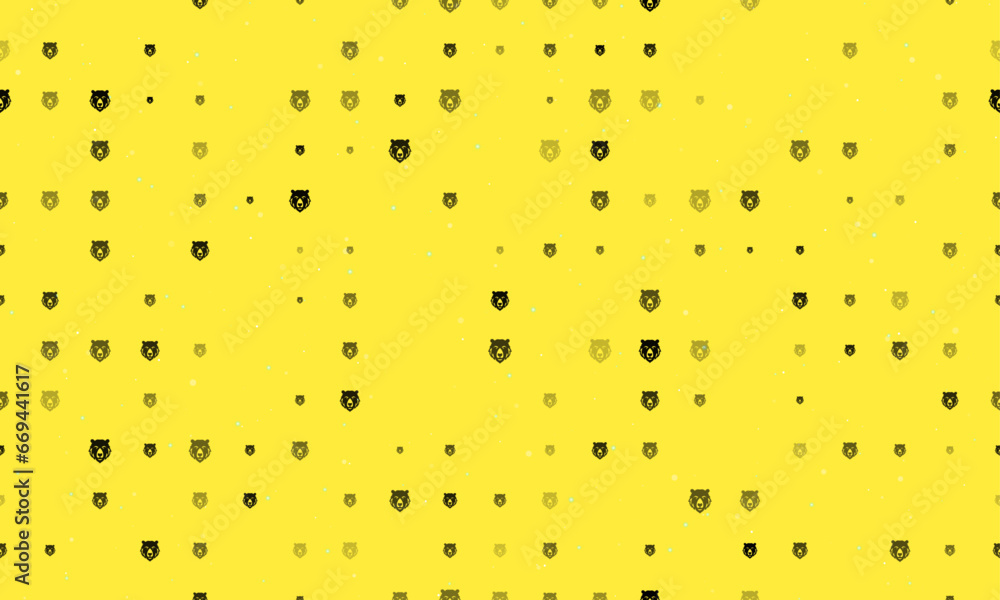 Poster seamless background pattern of evenly spaced black bear head icons of different sizes and opacity. v