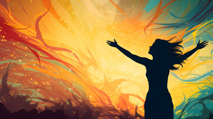 A vibrant illustration capturing the triumphant silhouette of a woman, celebrating her victory over depression amid swirling colors of hope and freedom. - obrazy, fototapety, plakaty