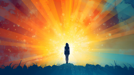 A vibrant illustration capturing the triumphant silhouette of a woman, celebrating her victory over depression amid swirling colors of hope and freedom.