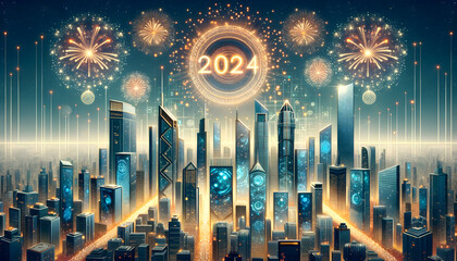 2024 New Year Celebration, Futuristic City Skyline with Digital Elements - obrazy, fototapety, plakaty