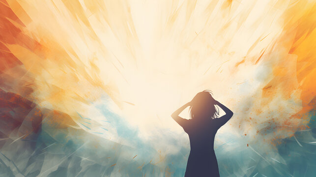 A vibrant illustration capturing the triumphant silhouette of a woman, celebrating her victory over depression amid swirling colors of hope and freedom.