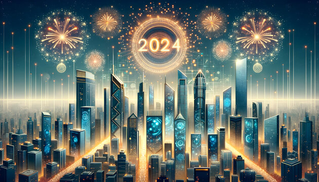 2024 New Year Celebration, Futuristic City Skyline with Digital Elements