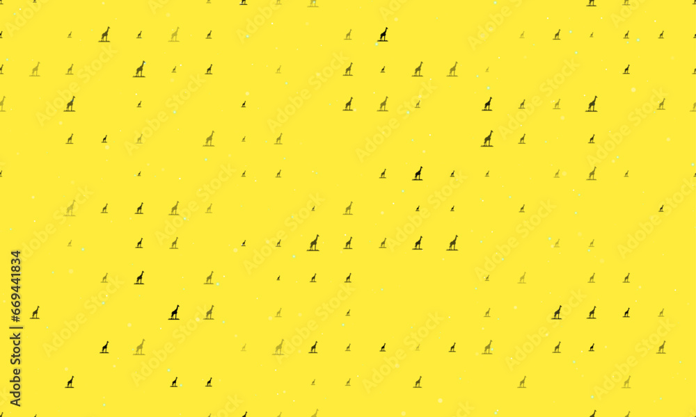 Poster seamless background pattern of evenly spaced black giraffe symbols of different sizes and opacity. v