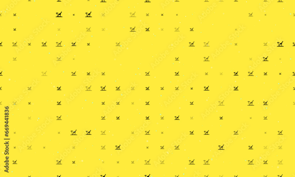 Poster seamless background pattern of evenly spaced black giraffe symbols of different sizes and opacity. v