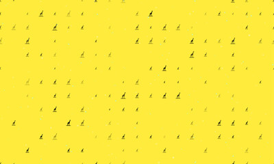 Seamless background pattern of evenly spaced black giraffe symbols of different sizes and opacity. Vector illustration on yellow background with stars