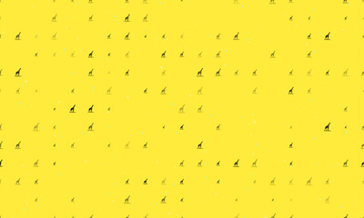 Seamless background pattern of evenly spaced black wild giraffe symbols of different sizes and opacity. Vector illustration on yellow background with stars
