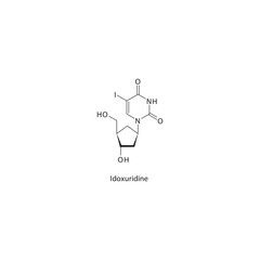 Idoxuridine  flat skeletal molecular structure Pyrimidine analogue antiviral drug used in Herpes simplex, Keratitis treatment. Vector illustration scientific diagram.