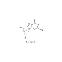 Penciclovir  flat skeletal molecular structure Purine analogue antiviral drug used in Herpes simplex virus treatment. Vector illustration scientific diagram.