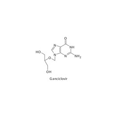 Ganciclovir flat skeletal molecular structure Purine analogue antiviral drug used in Cytomegalovirus, CMV treatment. Vector illustration scientific diagram.