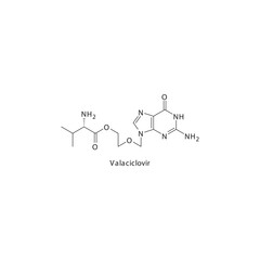 Valaciclovir (Valacyclovir) flat skeletal molecular structure Purine analogue antiviral drug used in Herpes zoster, herpes simplex treatment. Vector illustration scientific diagram.