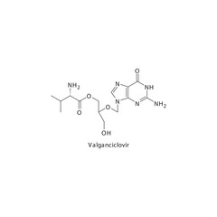 Valganciclovir flat skeletal molecular structure Purine analogue antiviral drug used in Cytomegalovirus, CMV treatment. Vector illustration scientific diagram.