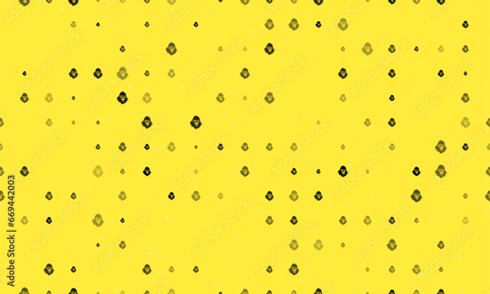 Poster seamless background pattern of evenly spaced black gorilla head symbols of different sizes and opaci