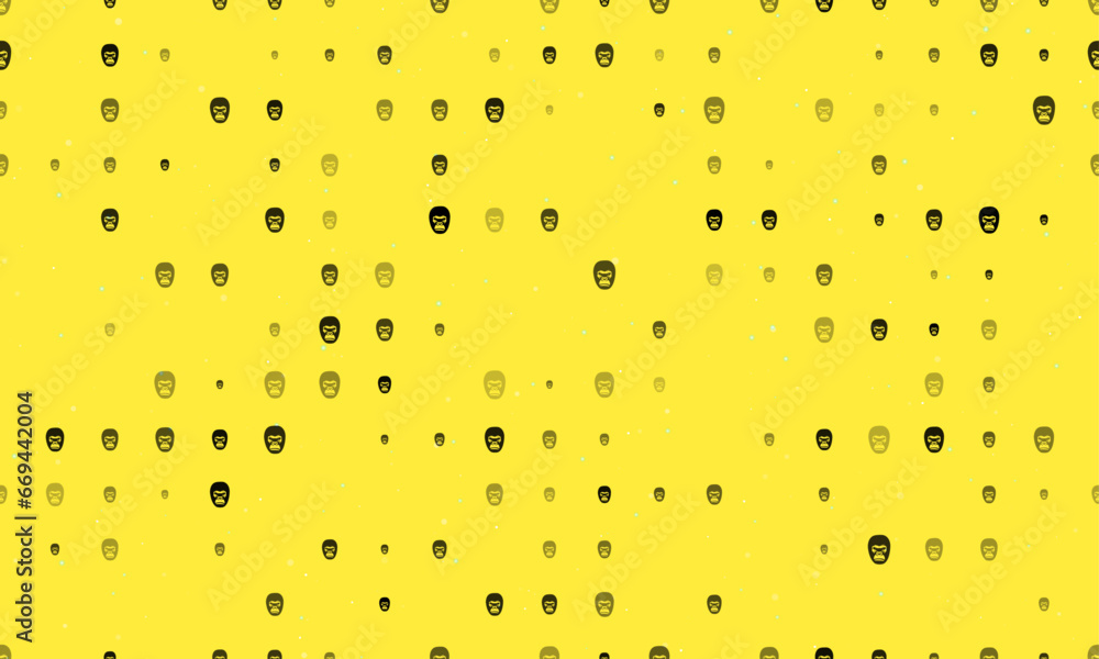 Poster seamless background pattern of evenly spaced black gorilla heads of different sizes and opacity. vec