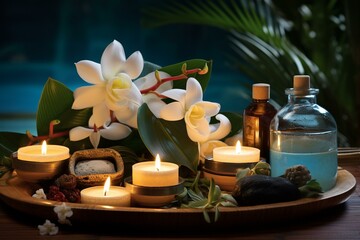 Obraz na płótnie Canvas Soothing spa arrangement featuring candles, frangipani, oil flasks, and decor. Generative AI