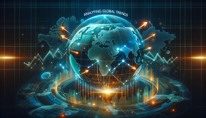 Analyzing Global Trends: Holographic World Map of Economic Ripple Effects - obrazy, fototapety, plakaty