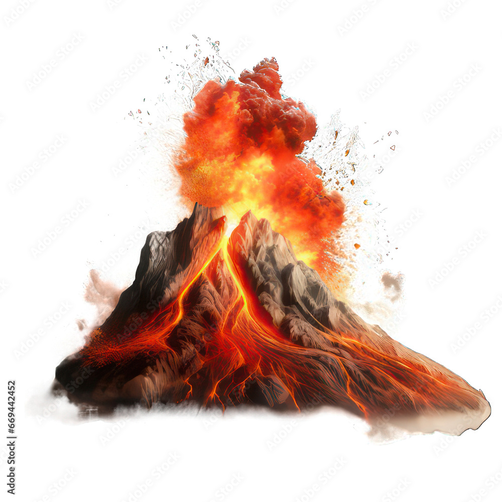 Poster erupting volcano isolated on white created with generative ai