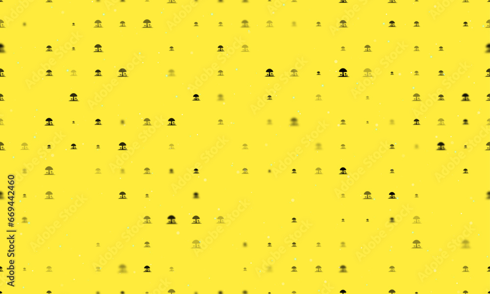 Poster seamless background pattern of evenly spaced black mushrooms symbols of different sizes and opacity.
