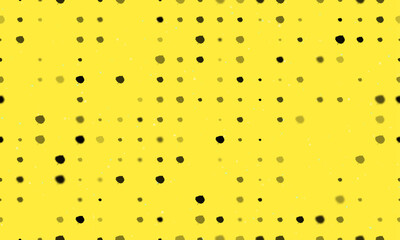 Seamless background pattern of evenly spaced black aspen leafs of different sizes and opacity. Vector illustration on yellow background with stars