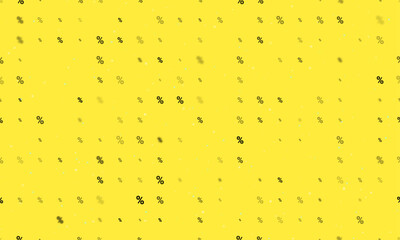Seamless background pattern of evenly spaced black percent symbols of different sizes and opacity. Vector illustration on yellow background with stars