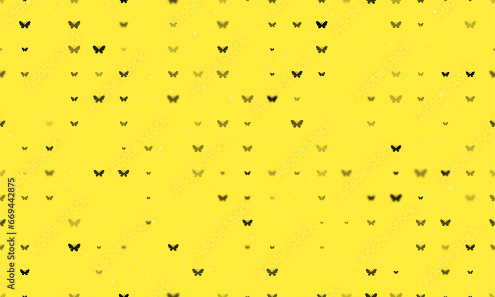 Poster seamless background pattern of evenly spaced black butterfly symbols of different sizes and opacity.