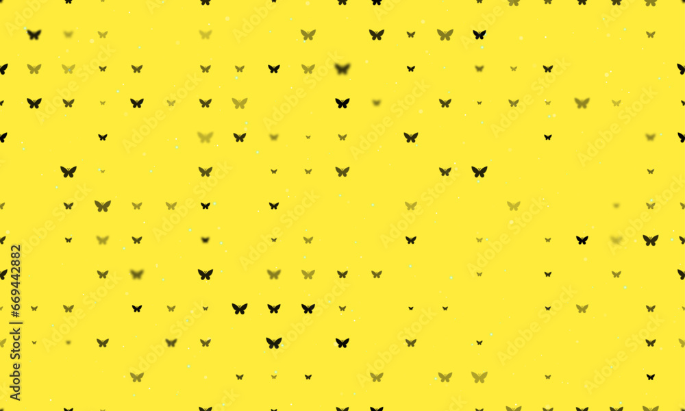 Poster seamless background pattern of evenly spaced black butterfly symbols of different sizes and opacity.