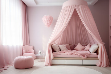 princess themed bedroom: pastel pink room with a dreamy bed with canopy