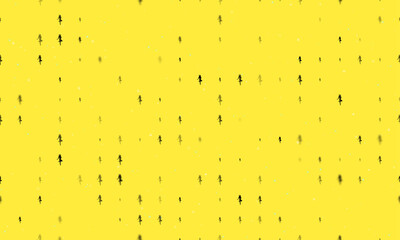 Seamless background pattern of evenly spaced black ballerina symbols of different sizes and opacity. Vector illustration on yellow background with stars