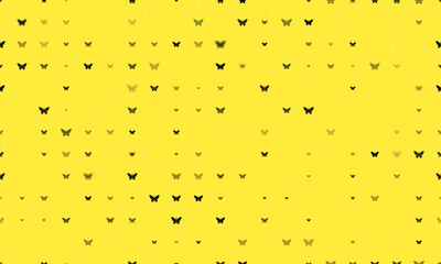Seamless background pattern of evenly spaced black butterfly symbols of different sizes and opacity. Vector illustration on yellow background with stars