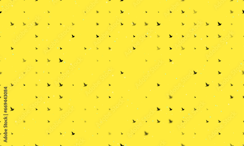 Poster seamless background pattern of evenly spaced black bird symbols of different sizes and opacity. vect