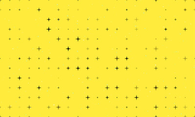 Seamless background pattern of evenly spaced black star symbols of different sizes and opacity. Vector illustration on yellow background with stars