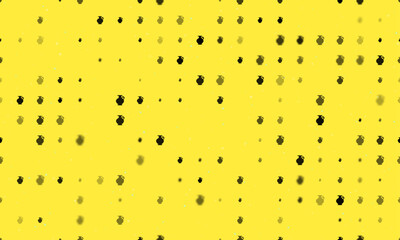 Seamless background pattern of evenly spaced black antique vase symbols of different sizes and opacity. Vector illustration on yellow background with stars