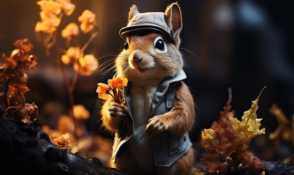 A cartoon squirrel in a hat sits on a branch.