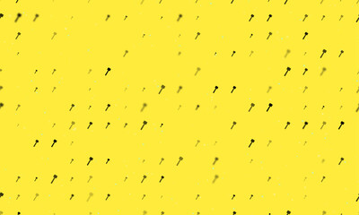 Seamless background pattern of evenly spaced black mallet symbols of different sizes and opacity. Vector illustration on yellow background with stars