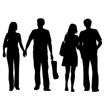 Vector silhouettes of  men and a women, a group of walking   business people, with bag, profile, black  color isolated on white background