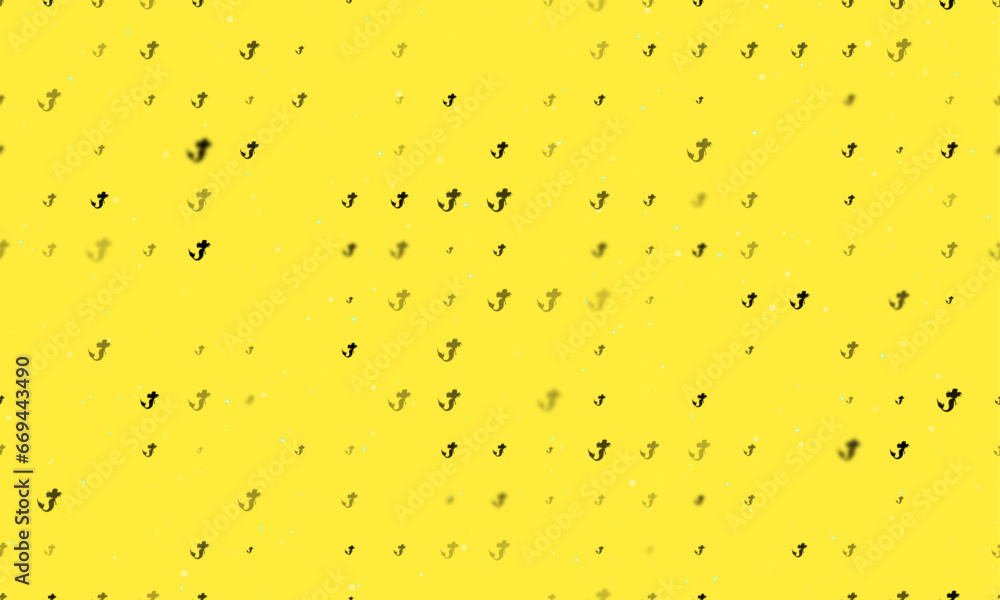 Poster seamless background pattern of evenly spaced black mermaid symbols of different sizes and opacity. v