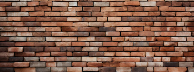 Ultrawide detailed close-up of a uniformly patterned brick wall, showcasing rich terracotta hues and rugged texture.