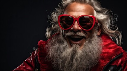 Santa Claus laughs Wearing sunglasses and a black background in rock singer style. - obrazy, fototapety, plakaty
