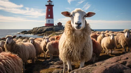 Fotobehang Noord-Europa Curious sheep looking at the camera near the lighthouse on the beach, with sky and sea.