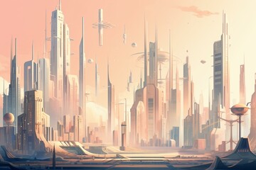 Modern cityscape with futuristic skyscrapers in soft tones. Generative AI