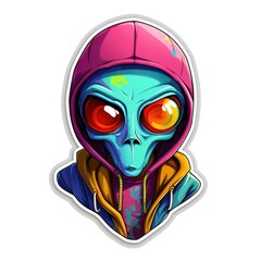 Colourful Sticker design of a martian alien with hoodie, Generative AI