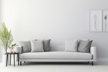 Mockup of living room wall with gray sofa and pillows against white background. Generative AI