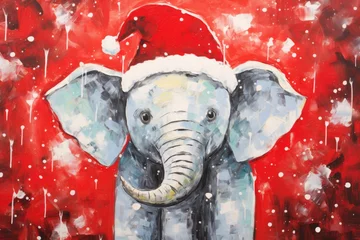 Foto op Canvas Art Portrait of Happy Elephant animal with a red and white santa hat, Christmas scene, Winter holidays, snow background, collection Christmas animals. Front view. Generative AI © sch_ai