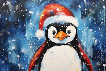 Portrait of Happy Penguin animal with a red and white santa hat, Christmas scene, Winter holidays, snow background, collection Christmas animals. Front view. Generative AI