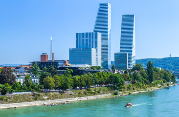 Roche Towers - skyscrapers in the Swiss city of Basel. The height of 178 and 205 meters, are tallest buildings in the country. - obrazy, fototapety, plakaty