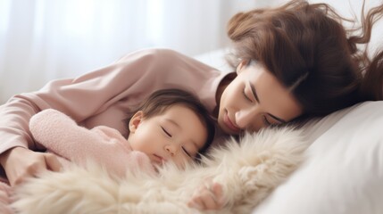 Naklejka premium Beautiful young mother and her little daughter sleeping together on the bed at home Generative AI