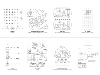 Set of seven games. Christmas Theme. Game and coloring page for kids. Danish language. Vector illustration. Set No. 1.