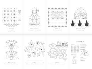 Set of seven games. Christmas Theme. Game and coloring page for kids. Danish language. Vector illustration. Set No. 3.	